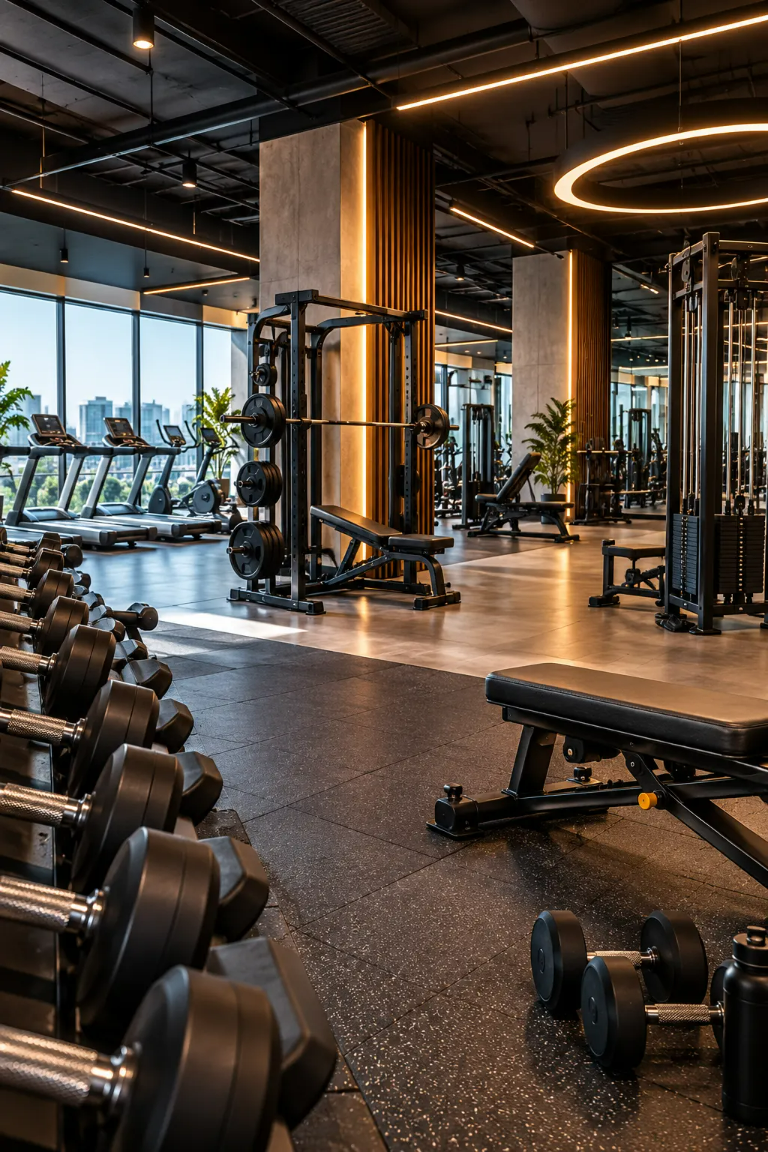 Modern gym floor with strength and cardio equipment