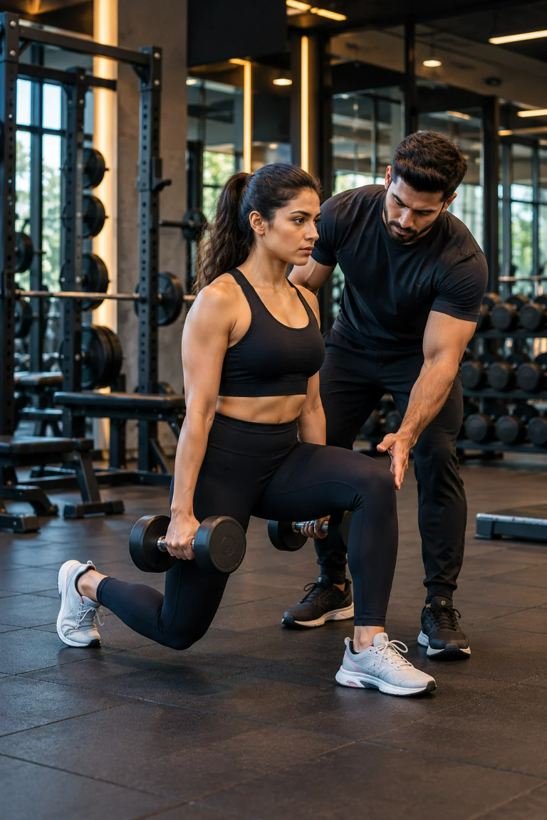 Personal trainer coaching a woman with dumbbells