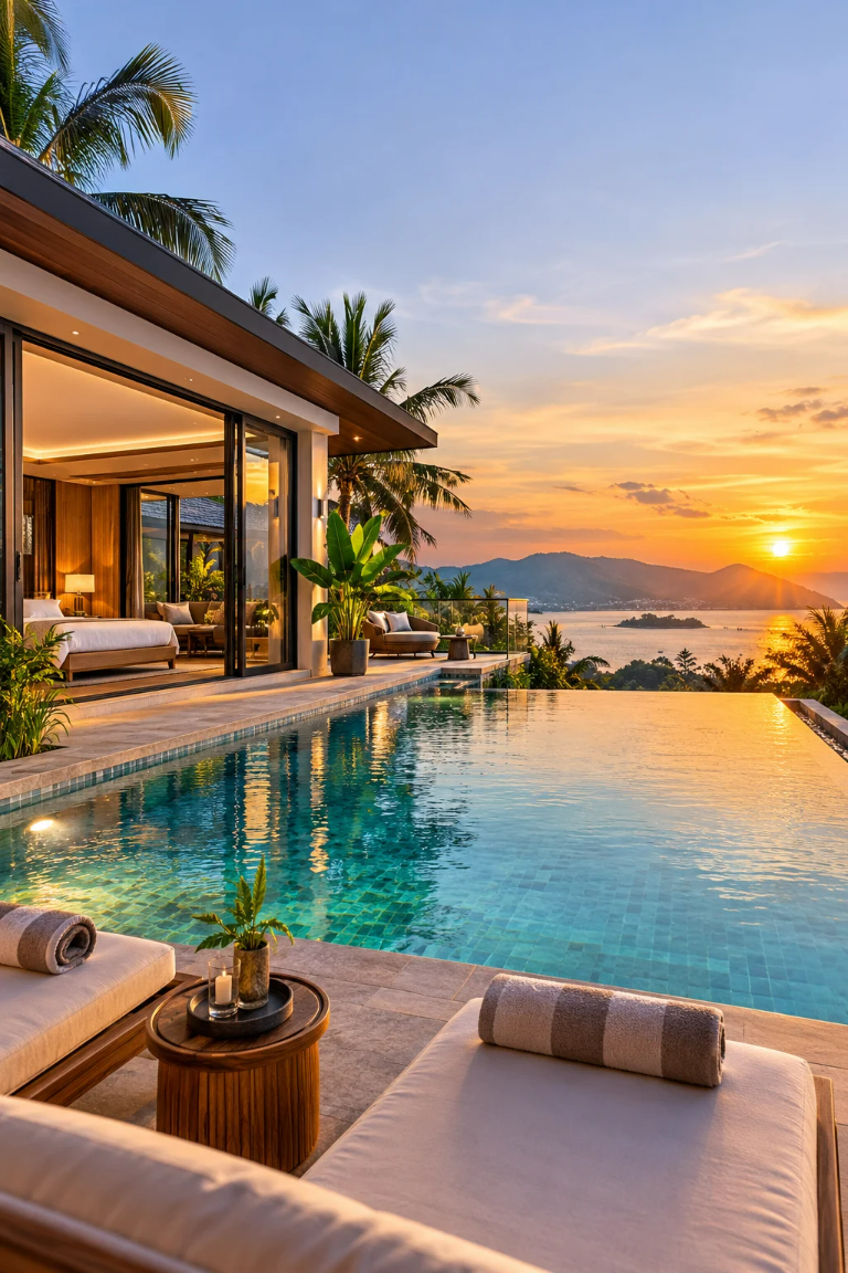 Pool villa with an infinity pool at sunset