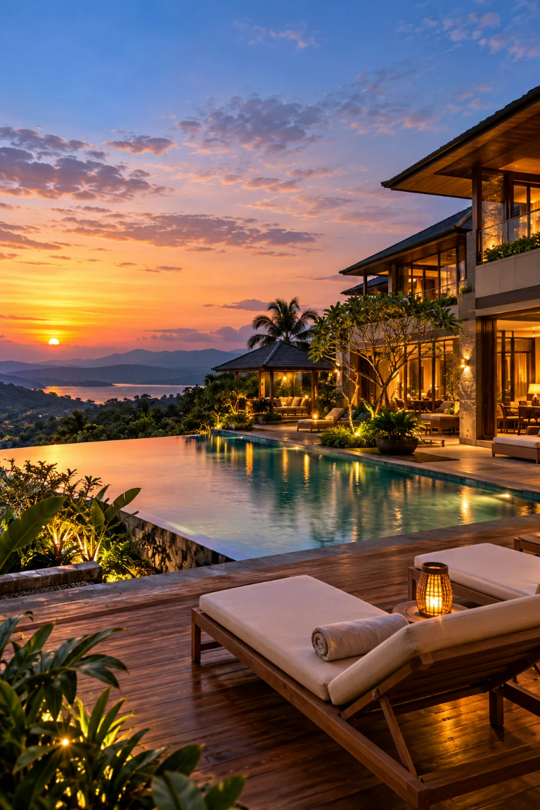 Boutique resort overlooking a pool and mountain sunset