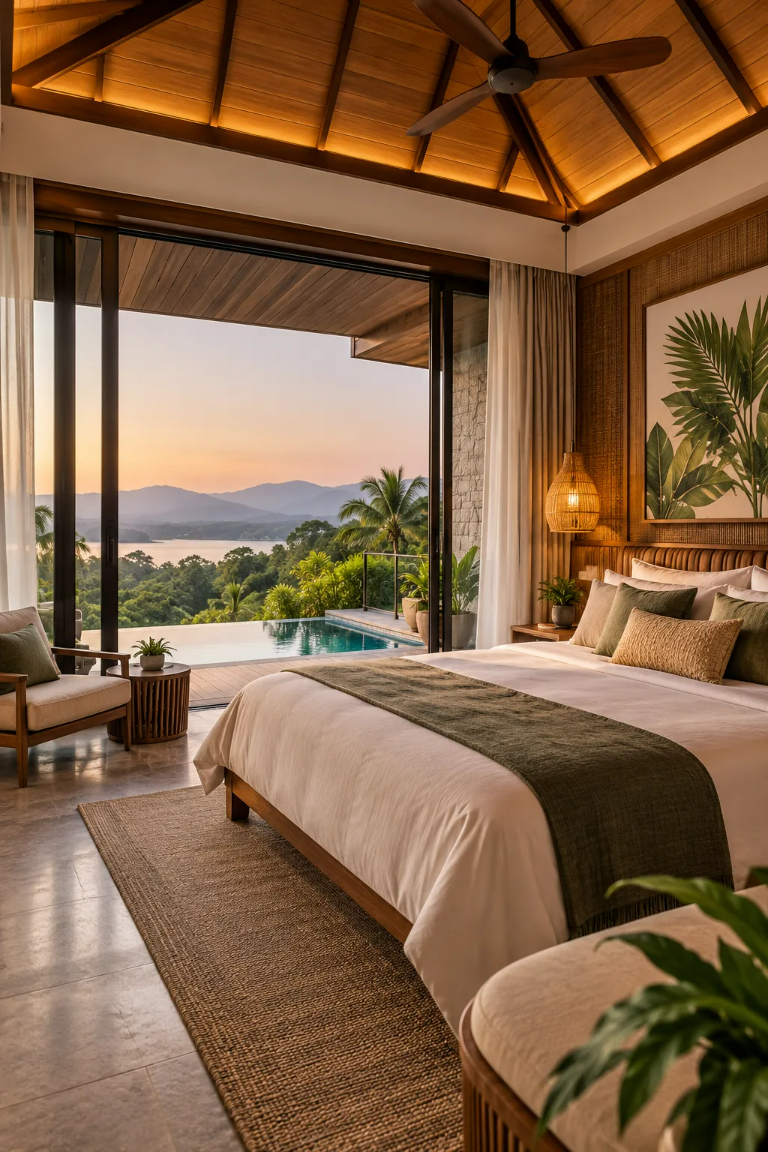 Villa bedroom opening to a private pool and mountain view